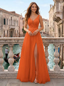 Tulle V Neck A Line Long Evening Dresses with Slit