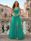 Tulle V Neck A Line Long Evening Dresses with Slit
