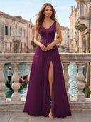 Tulle V Neck A Line Long Evening Dresses with Slit
