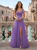 Tulle V Neck A Line Long Evening Dresses with Slit