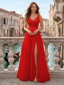 Tulle V Neck A Line Long Evening Dresses with Slit