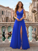 Tulle V Neck A Line Long Evening Dresses with Slit