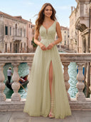 Tulle V Neck A Line Long Evening Dresses with Slit