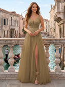 Tulle V Neck A Line Long Evening Dresses with Slit