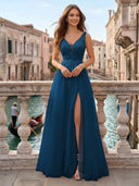 Tulle V Neck A Line Long Evening Dresses with Slit