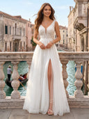 Tulle V Neck A Line Long Evening Dresses with Slit