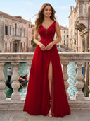 Tulle V Neck A Line Long Evening Dresses with Slit