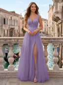 Tulle V Neck A Line Long Evening Dresses with Slit