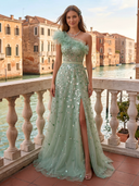 Tulle One Shoulder Long Evening Dresses with Rhinestone