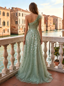 Tulle One Shoulder Long Evening Dresses with Rhinestone