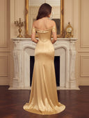 Satin Off Shoulder Mermaid Long Evening Dresses with Slit