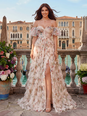 Chiffon Off Shoulder A Line Long Evening Dresses with Slit