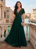 Chiffon V Neck A Line Long Evening Dresses
