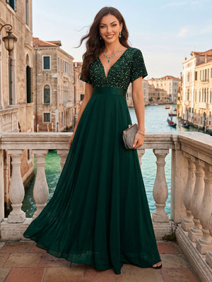 Chiffon V Neck A Line Long Evening Dresses