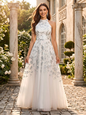 Tulle Halter A Line Long Evening Dresses