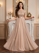 Jewel Short Sleeves Tulle Aline Evening Dresses with Pockets