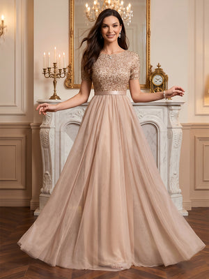 Jewel Short Sleeves Tulle Aline Evening Dresses with Pockets