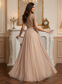 Jewel Short Sleeves Tulle Aline Evening Dresses with Pockets