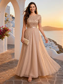 Jewel Short Sleeves Tulle Aline Evening Dresses with Pockets