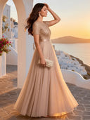 Jewel Short Sleeves Tulle Aline Evening Dresses with Pockets