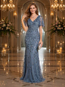 V Neck Short Sleeves Tulle Mermaid Evening Dresses