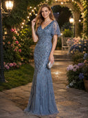 V Neck Short Sleeves Tulle Mermaid Evening Dresses