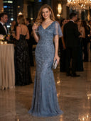 V Neck Short Sleeves Tulle Mermaid Evening Dresses