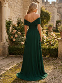 off the Shoulder Satin Aline Pleated Evening Dresses with Pockets