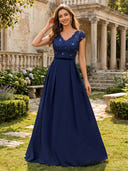 V Neck Aline Chiffon Pleated Evening Dresses with Sleeves