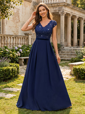 V Neck Aline Chiffon Pleated Evening Dresses with Sleeves