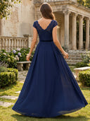 V Neck Aline Chiffon Pleated Evening Dresses with Sleeves