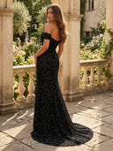 off the Shoulder A Line Sequins Evening Dresses with Slit