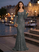 Sweetheart Mermaid Sequins Evening Dresses with Sleeves