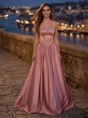 Halter A Line Satin Drop Waist Pearls Evening Dresses