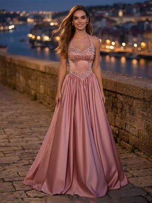 Halter A Line Satin Drop Waist Pearls Evening Dresses