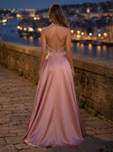 Halter A Line Satin Drop Waist Pearls Evening Dresses