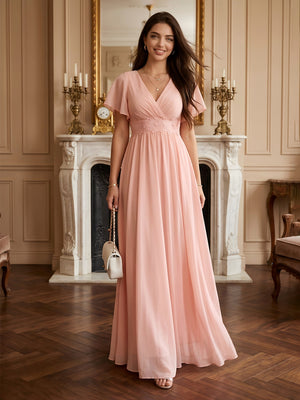 Chiffon V Neck A Line Long Evening Dresses with Lace