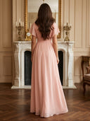 Chiffon V Neck A Line Long Evening Dresses with Lace