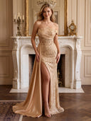 Satin Off Shoulder Mermaid Long Evening Dresses with Slit