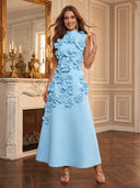 Satin A Line Long Evening Dresses with 3D Flower