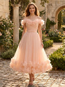 Chiffon Off Shoulder A Line Long Evening Dresses with Flower