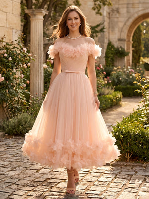 Chiffon Off Shoulder A Line Long Evening Dresses with Flower