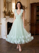 Chiffon V Neck A Line Long Evening Dresses with Flower