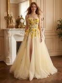 Tulle V Neck A Line Long Evening Dresses with Slit