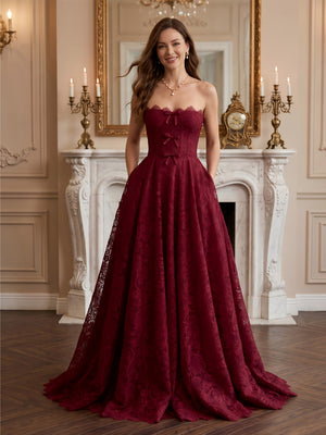 Lace Strapless A Line Long Evening Dresses