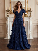 Chiffon V Neck A Line Long Evening Dresses with Flower