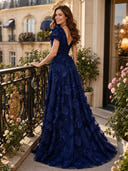 Chiffon V Neck A Line Long Evening Dresses with Flower
