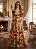 Chiffon V Neck A Line Long Evening Dresses