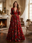 Chiffon V Neck A Line Long Evening Dresses