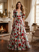 Chiffon V Neck A Line Long Evening Dresses
